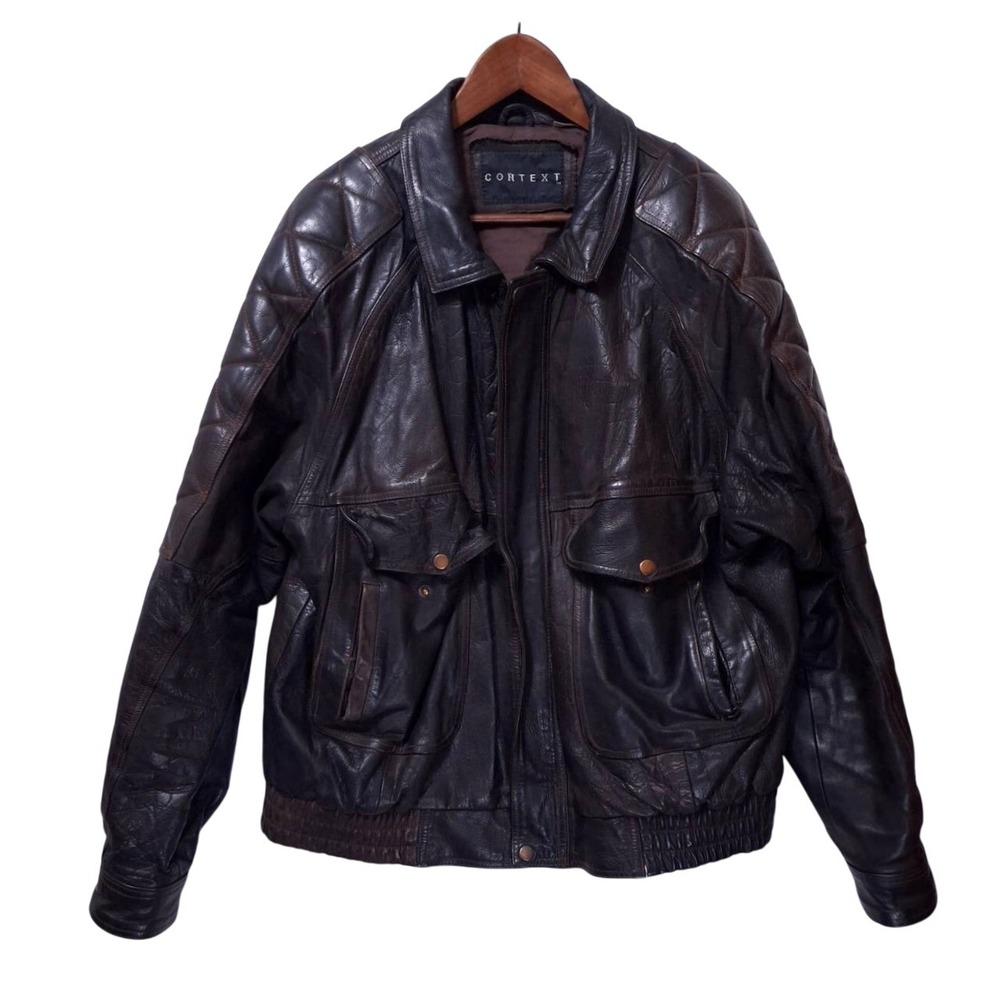 Vtg Context Genuine Leather Distressed Bomber Jacket Men's XL Tall Brown‎ Biker